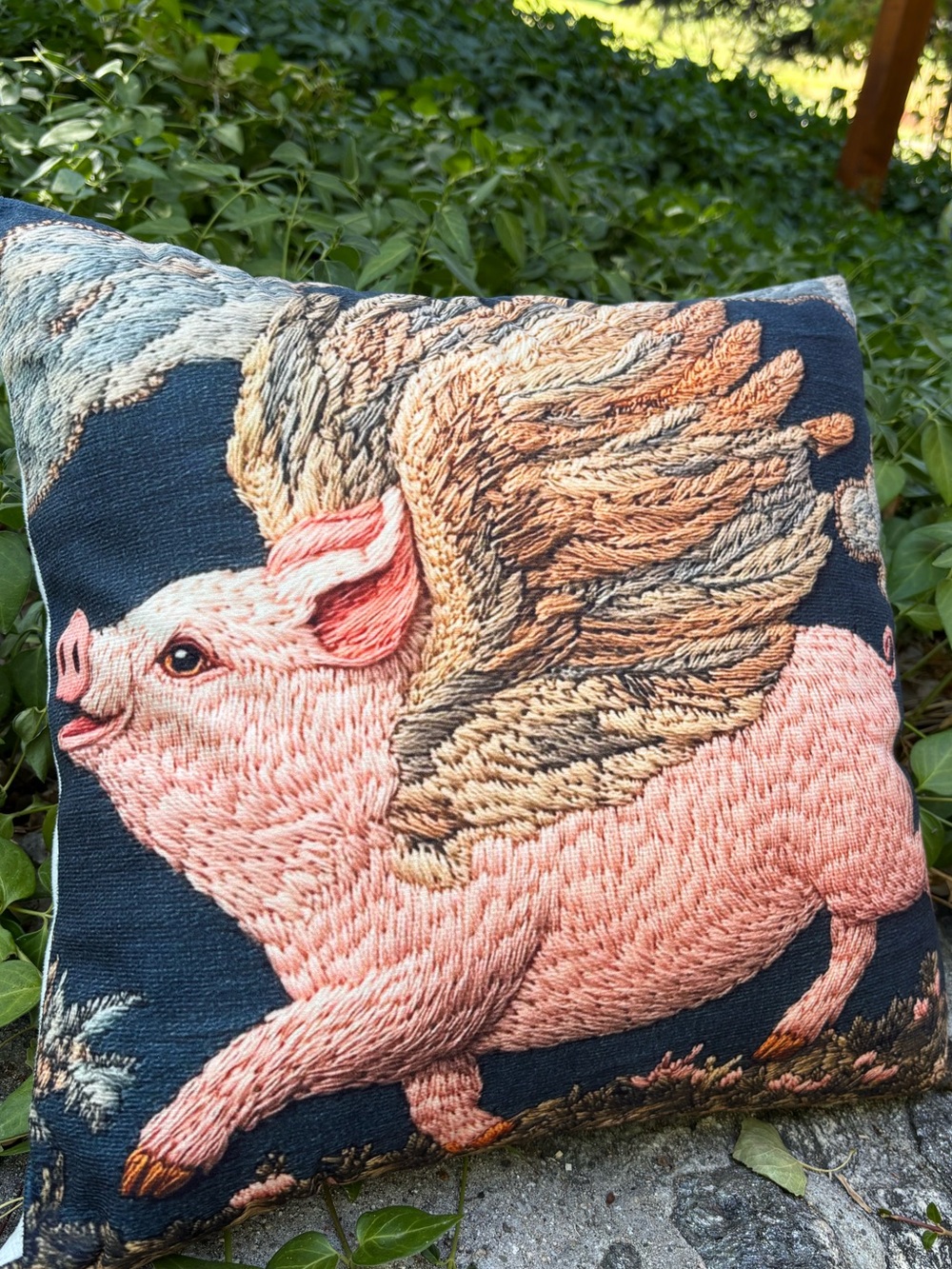 Embroidered look Flying Pig Accent Pillow - Pink on Navy